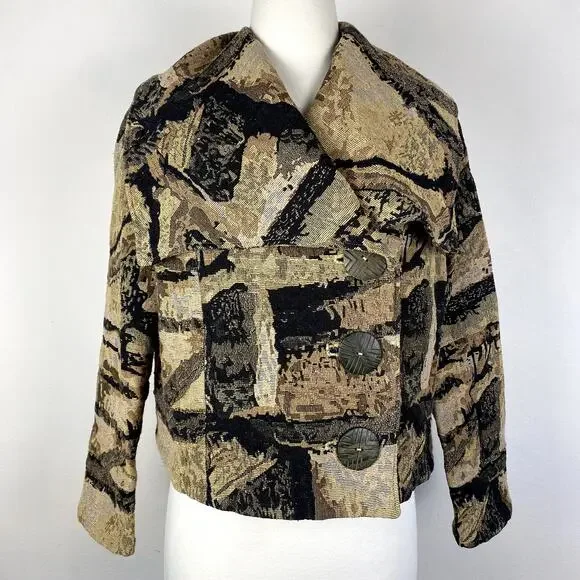 Tribal Boho Geometric Earthy Rustic Print Oversized Cowl Collar Blazer Jacket - Picture 2 of 7